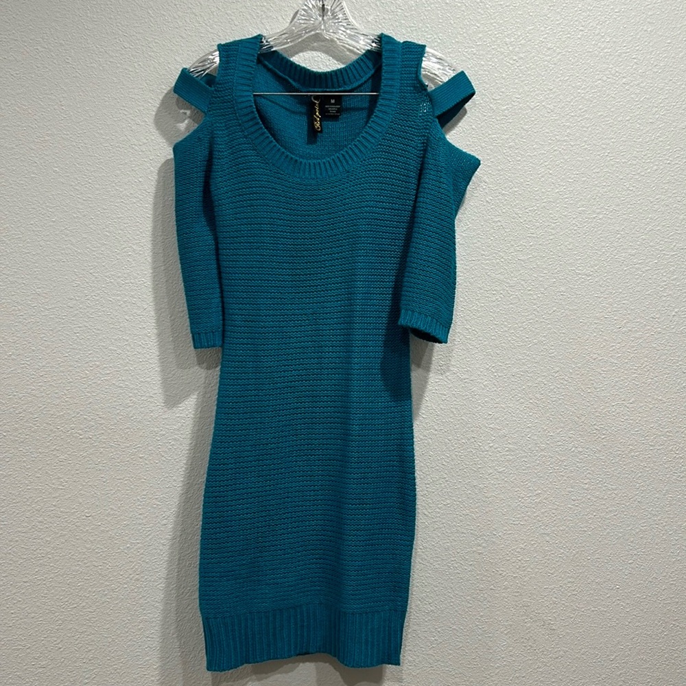 Red Paint Cold Shoulder Knit Turquoise Mini Dress sz Medium